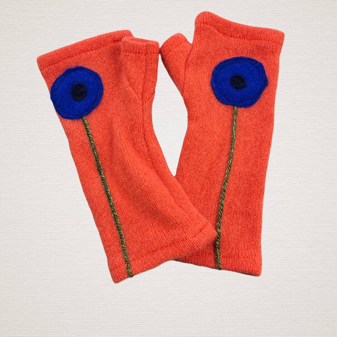 Fingerless Cashmere Gloves-Poppy: Blue on Orange / One Size Fits Most