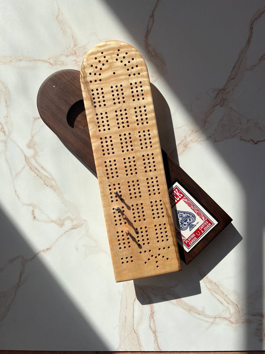 Cribbage Board with Swivel Top, Card and Peg Storage: Curly Maple & Walnut
