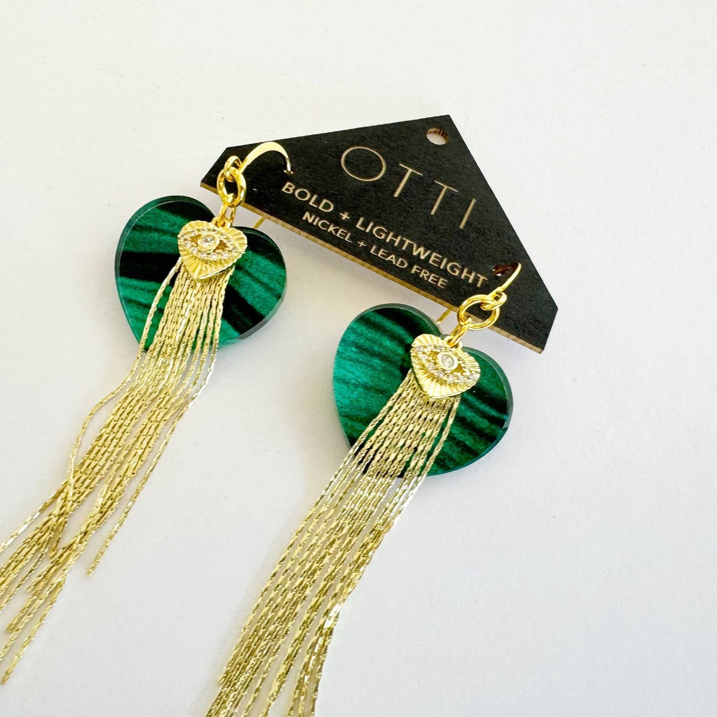 18K Gold Fringe earring: Malachite Sacred Heart/Evil Eye