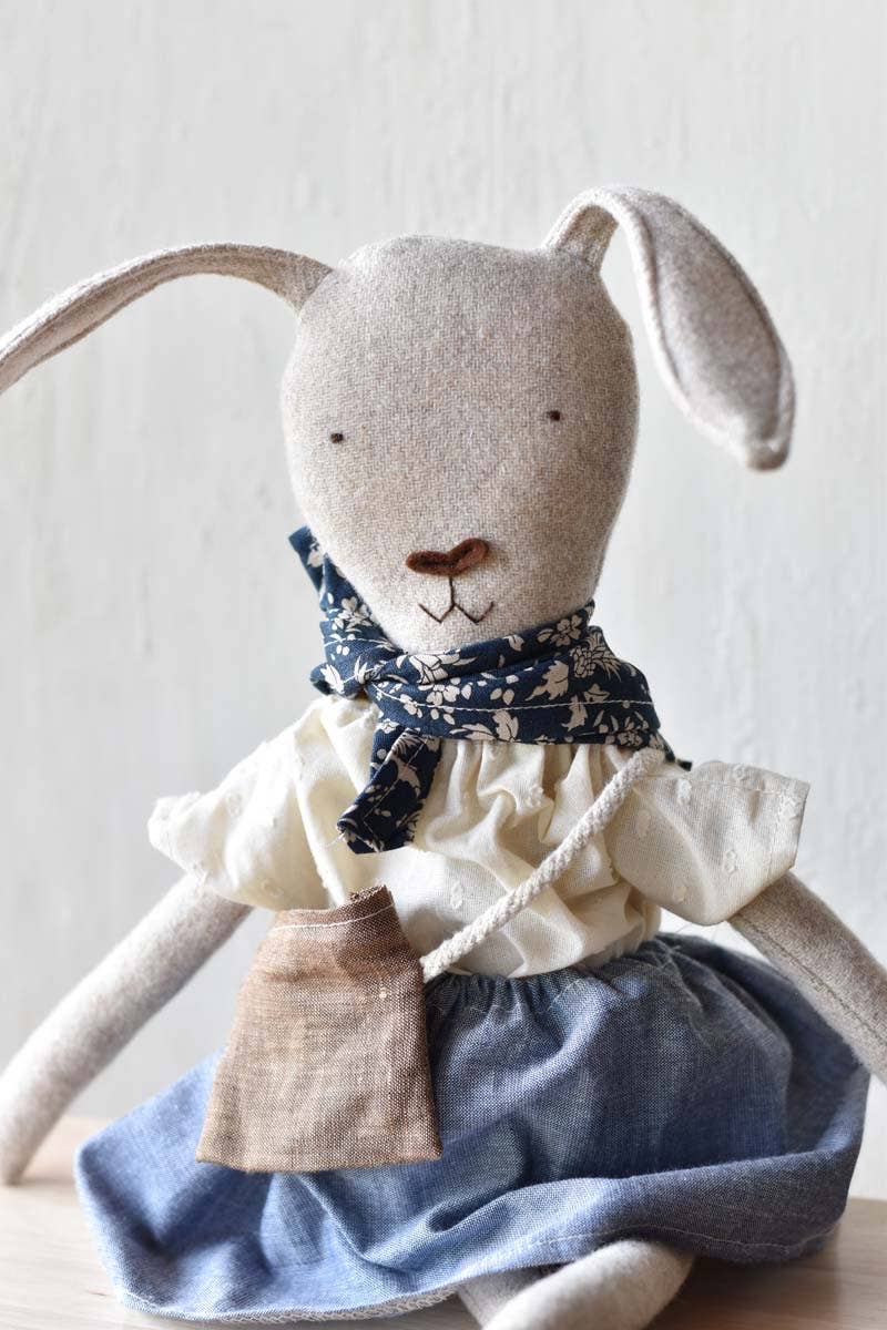 Ruthie the Rabbit – Handmade Wool Doll in Chambray Skirt : Pants