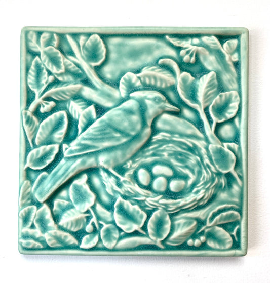 Nesting Bluejay Art Tile 6x6": Leaf Green glaze