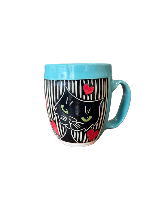 Wheel Thrown Mug - Black Cat Face/Hearts