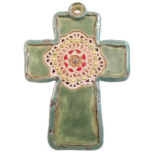 White Medallion Cross in Green Ceramic Wall Art