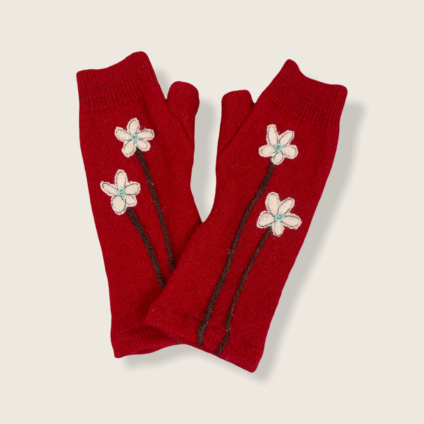 Fingerless Cashmere Gloves-Wildflower: White on Red / One Size Fits Most