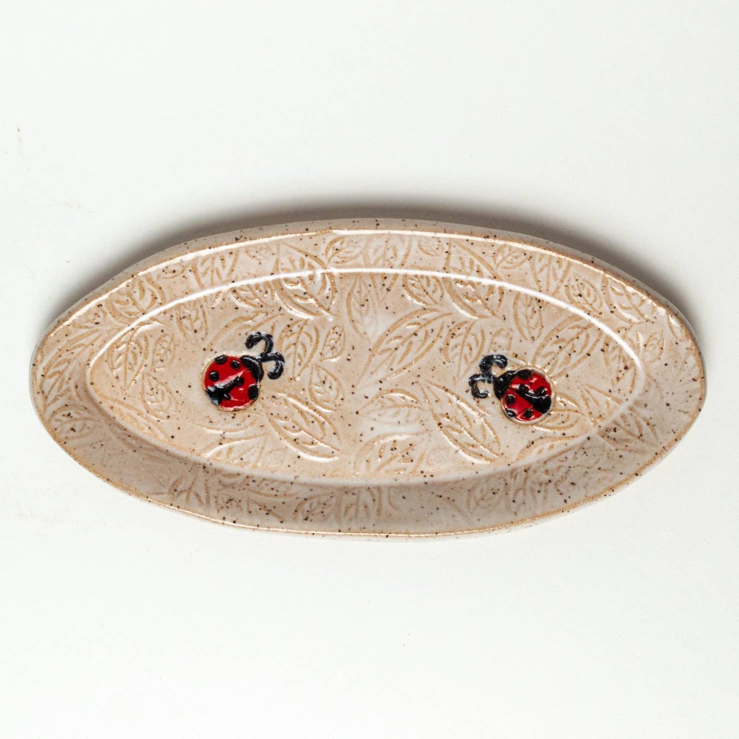 Ladybug Pattern Handmade Ceramic White Oval Trinket