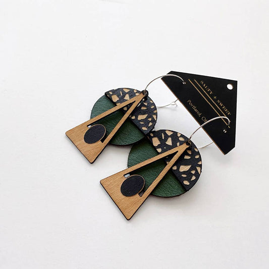 Architectural Leather + Birch earring: GEO Emerald Deco