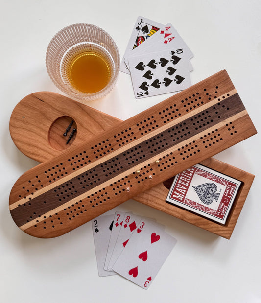 Cribbage Board with Swivel Top, Card and Peg Storage: Cherry Stripe & Cherry