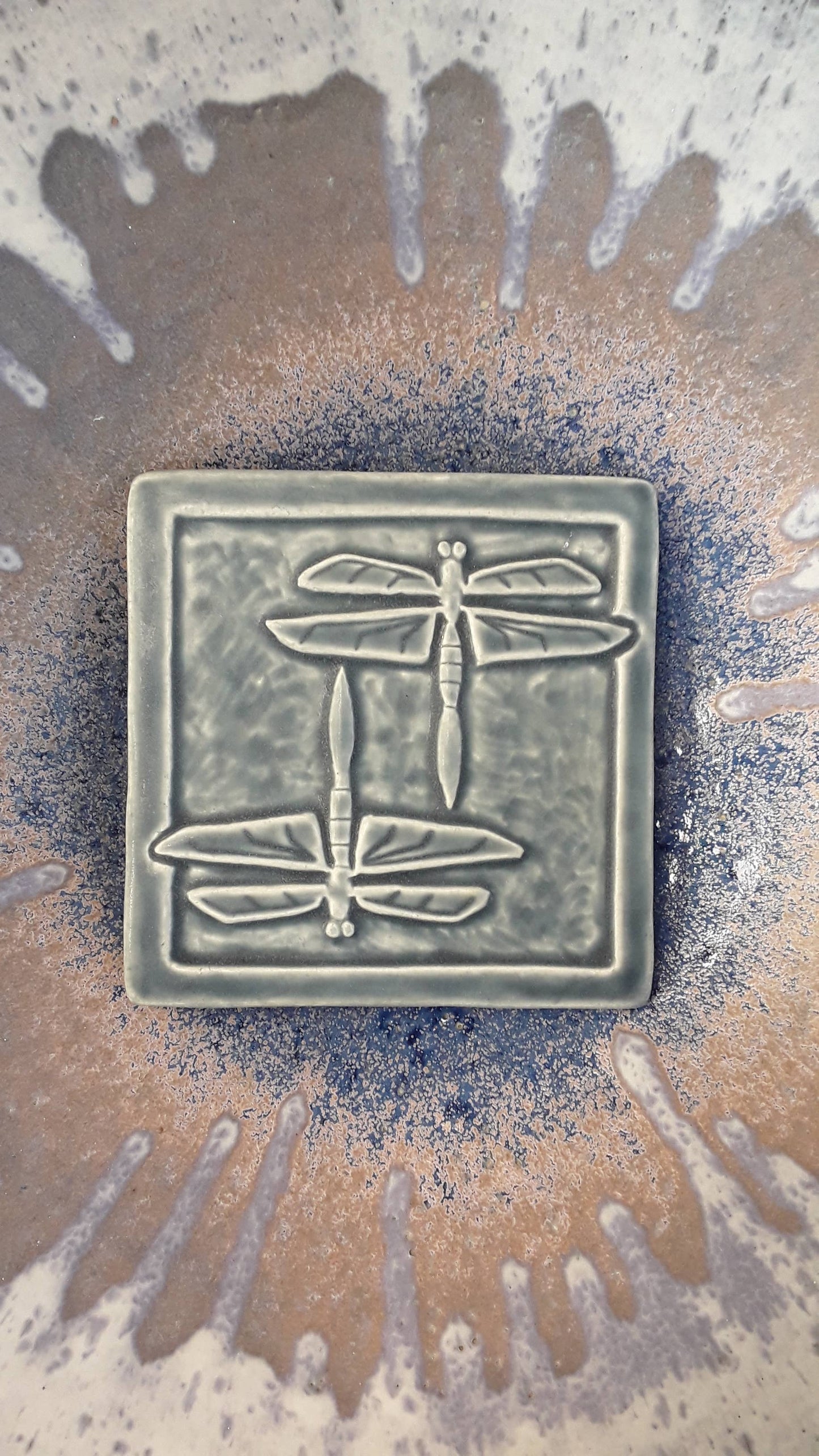 Double Dragonfly Art Tile 6x6: Seaside Blue Glaze