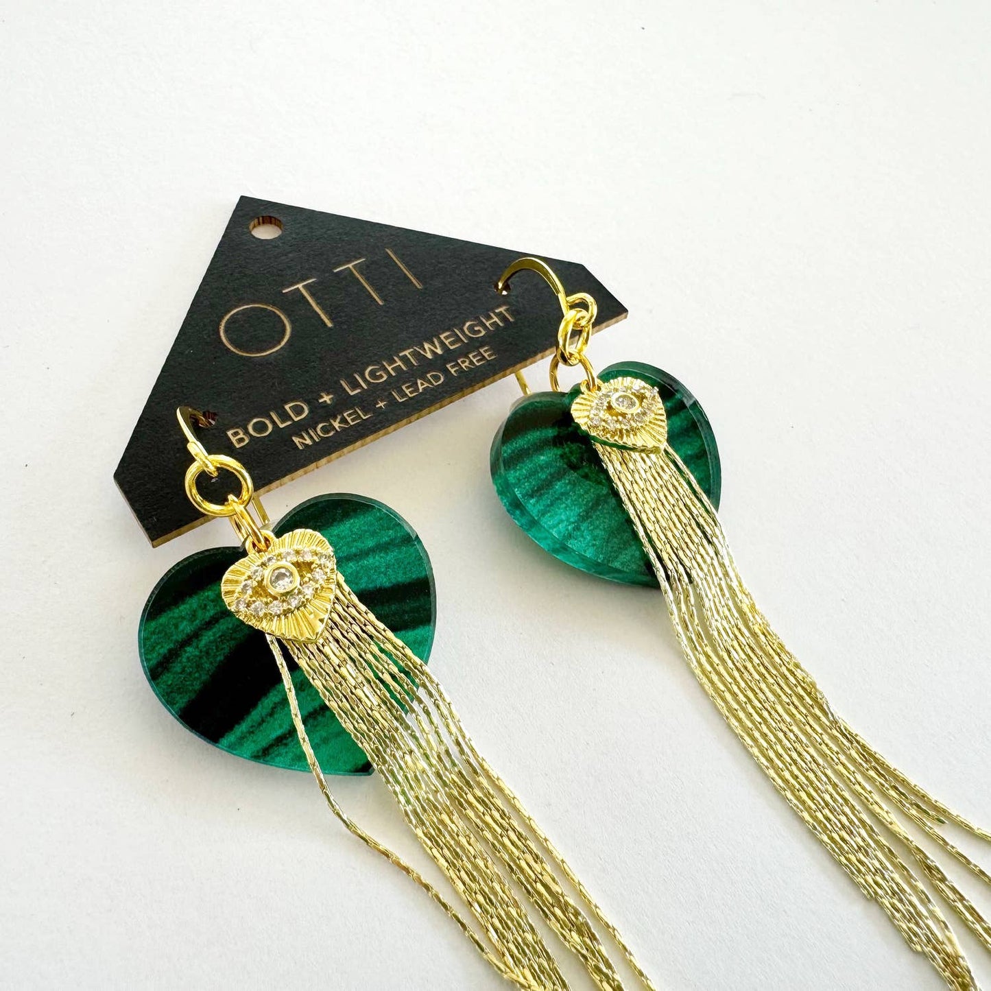18K Gold Fringe earring: Malachite Sacred Heart/Evil Eye