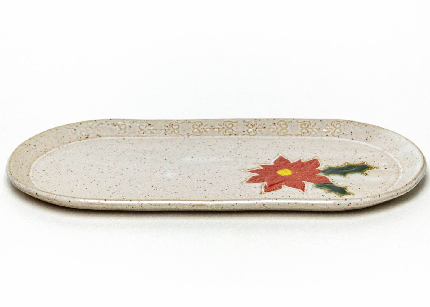 Poinsettia Pattern Handmade Ceramic 10" White Platter