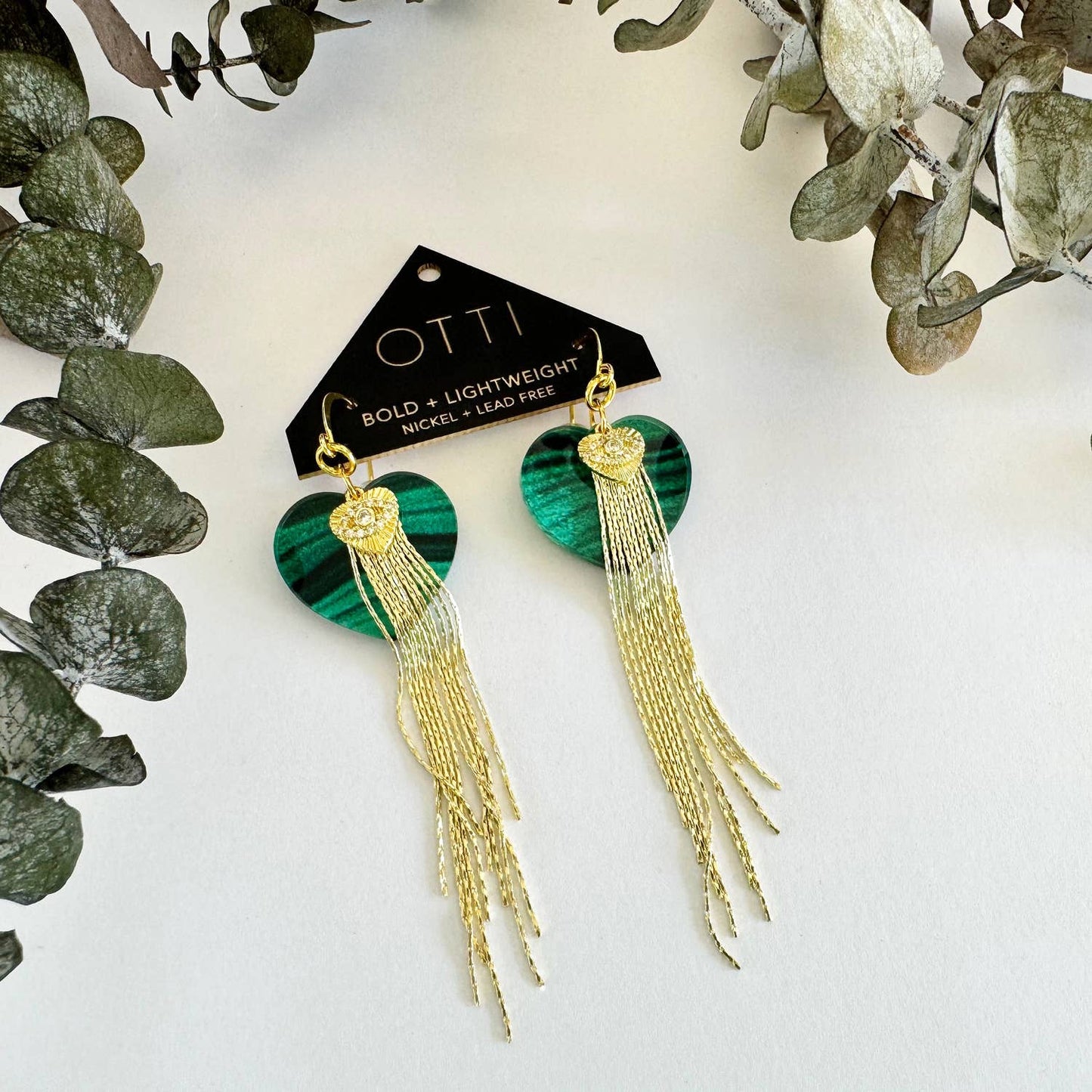 18K Gold Fringe earring: Malachite Sacred Heart/Evil Eye