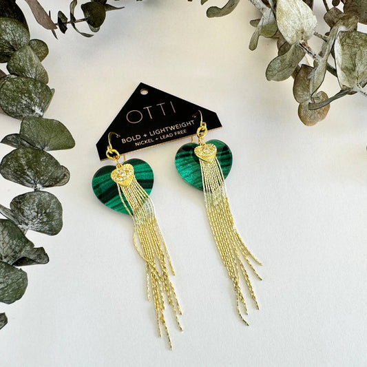 18K Gold Fringe earring: Malachite Sacred Heart/Evil Eye