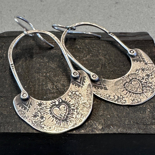 Handmade Sterling Sacred Heart Hoops – Textured Drop Earrings