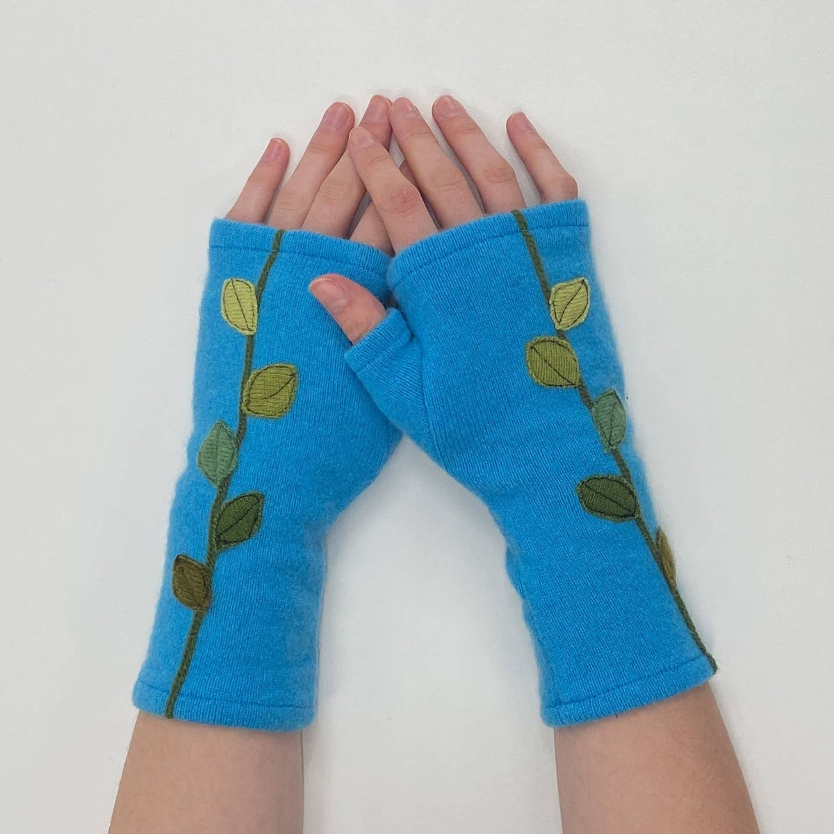 Fingerless Cashmere Gloves-Leaves: Aqua / One Size Fits Most