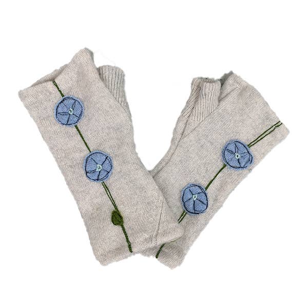Fingerless Cashmere Gloves-Morning Glory: Light Blue on Cream / One Size Fits Most