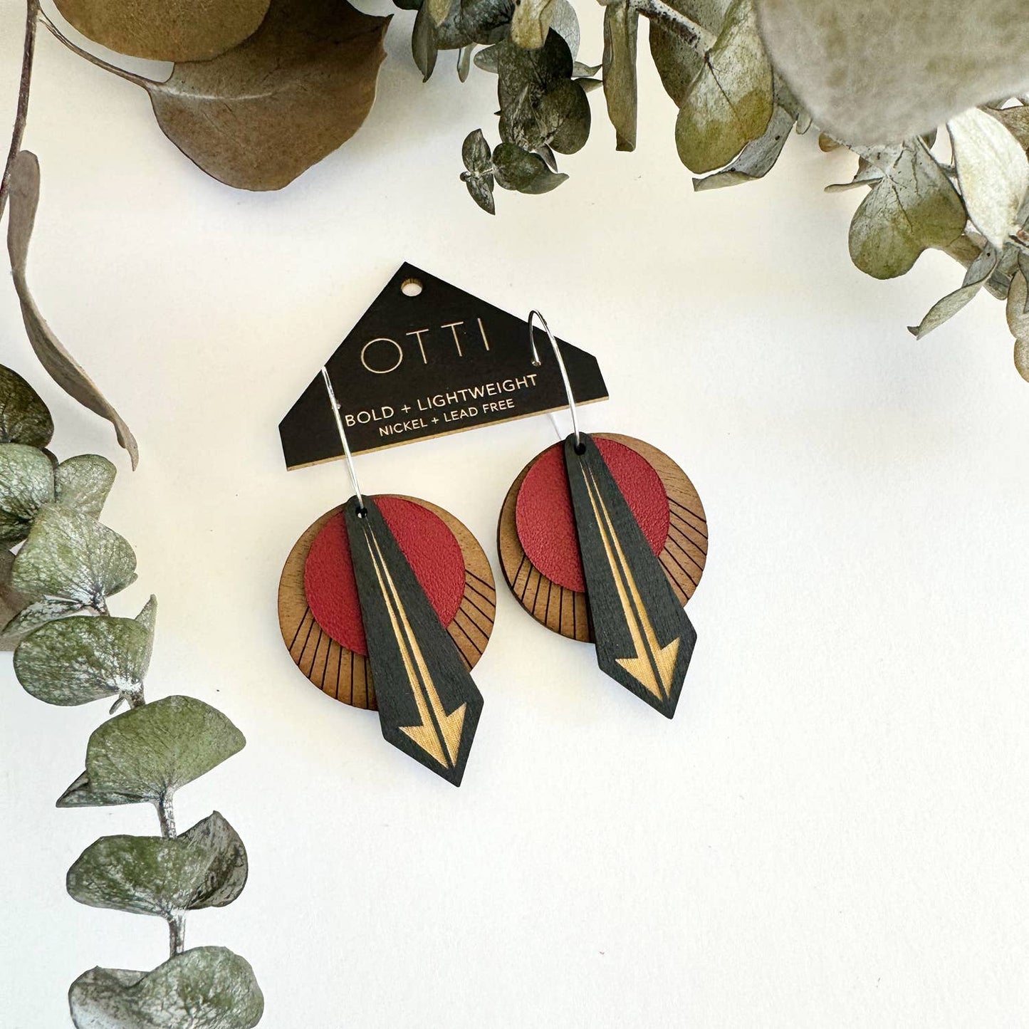 Architectural Leather + Birch earring: Arrow Walnut Oxblood