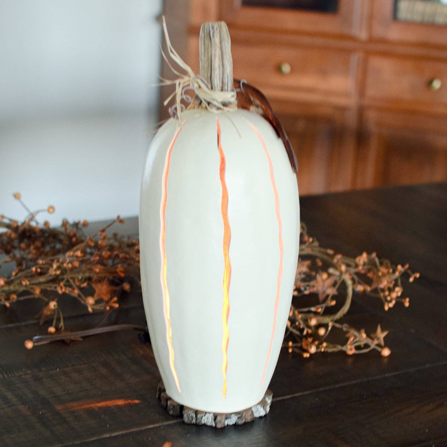 White Tall Pumpkin Gourd Luminary - Large Lit