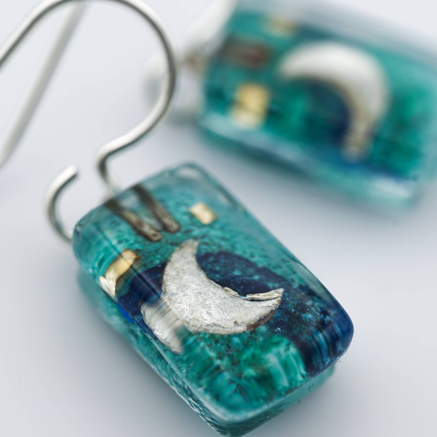 Aqua Moon Drops Hand-Painted Dangle Earrings