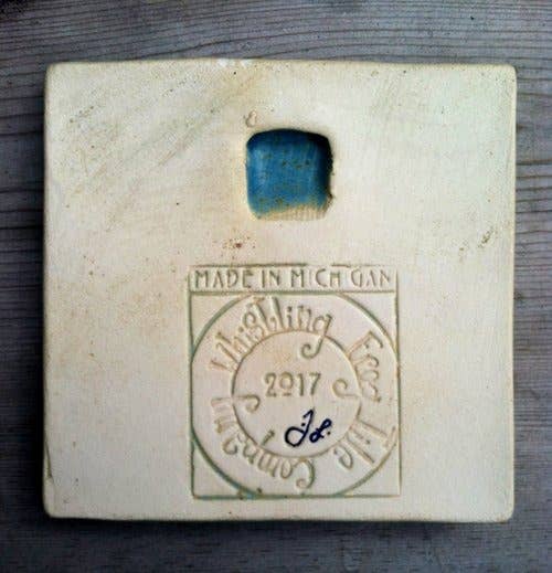 Sculpted Porcelain Dog & Rabbit Chase Art Tile 4x4: Bermuda Green Glaze