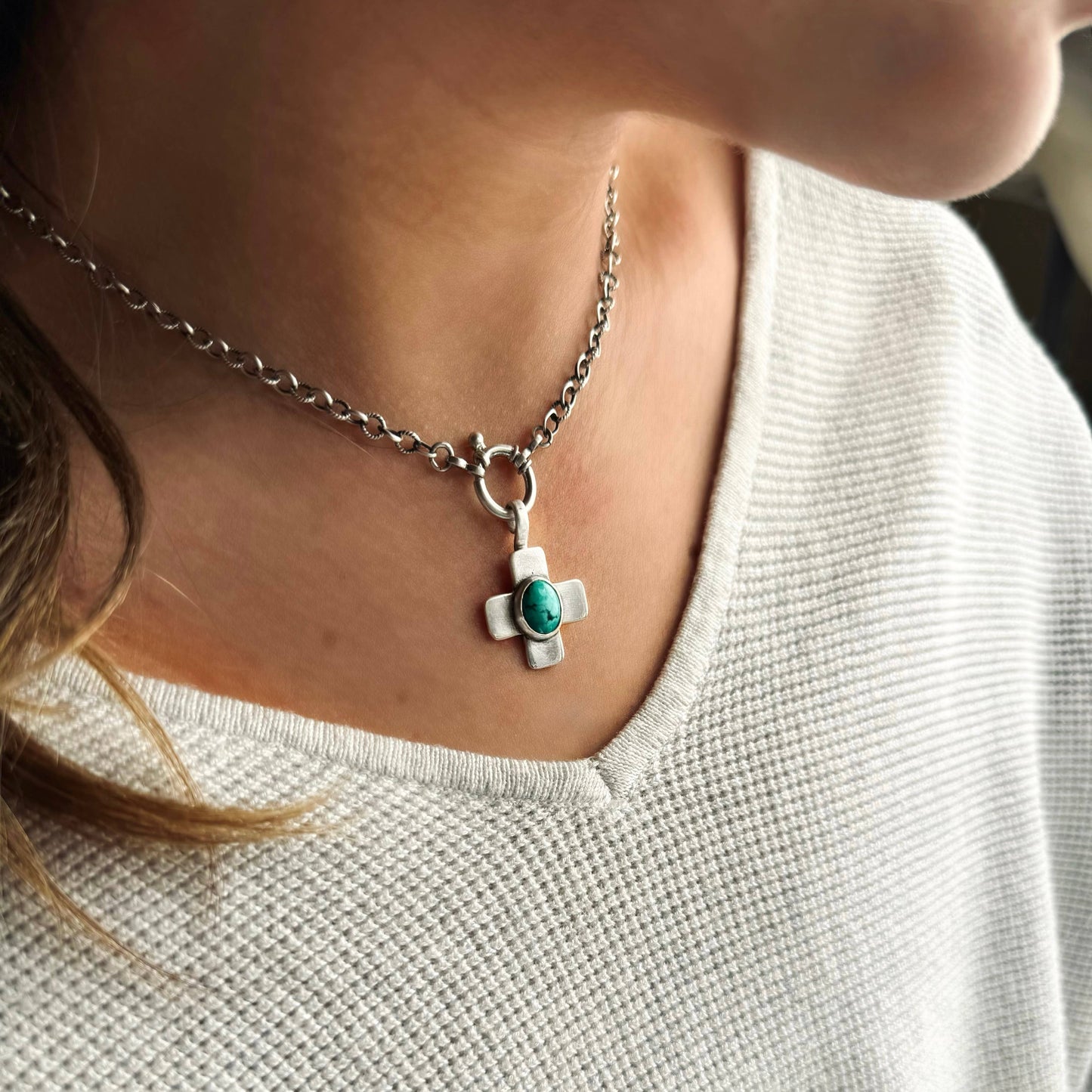 Sterling Silver Turquoise Cross Necklace: 16in -18in