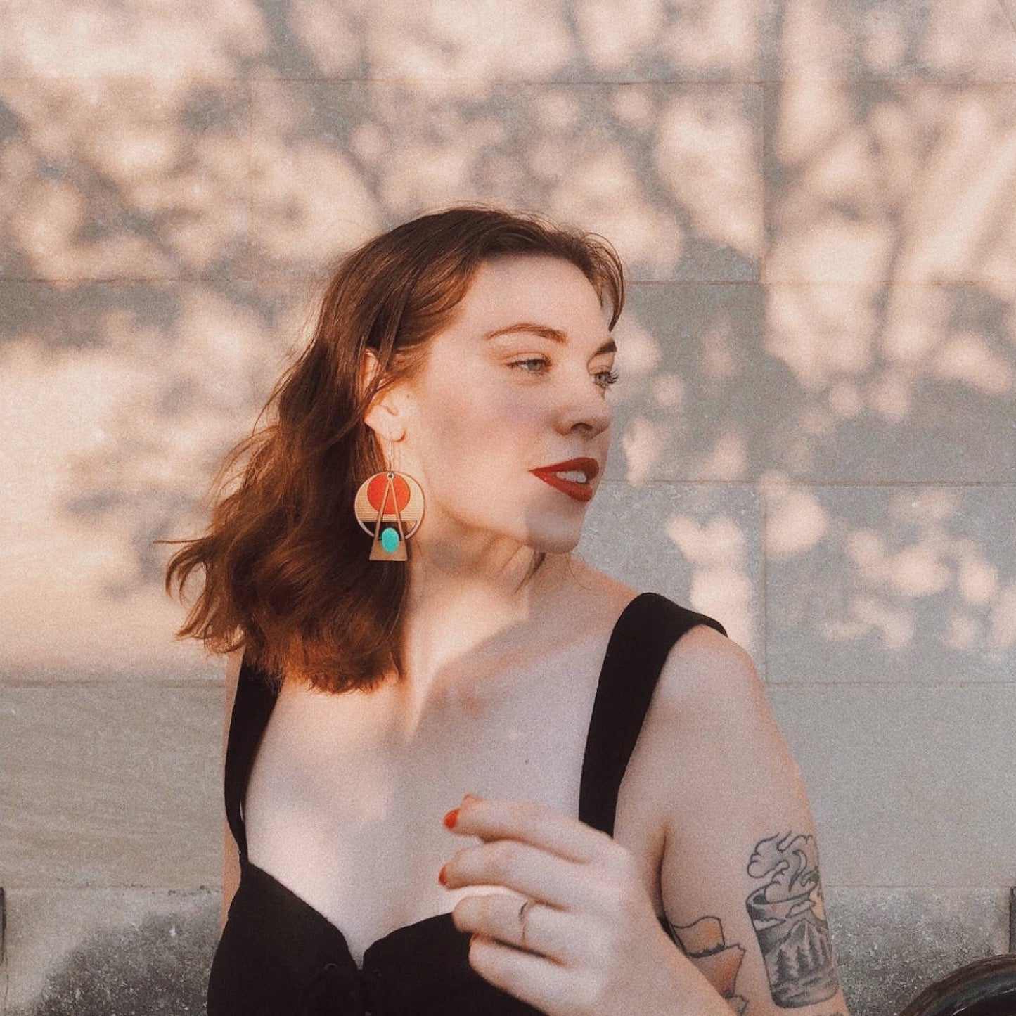 Architectural Lightweight Leather + Birch earring: Deco Red