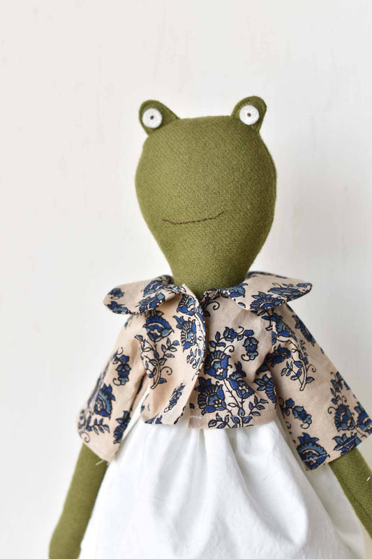 Fern the Frog – Handmade Wool Doll in Block Print Outfit