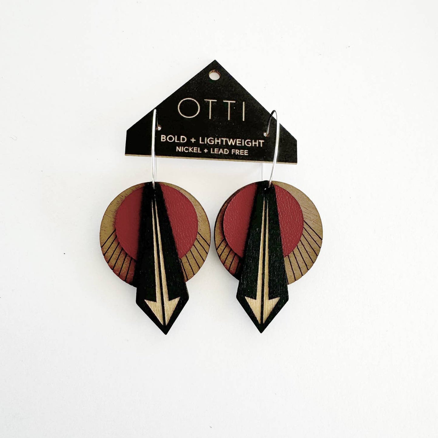 Architectural Leather + Birch earring: Arrow Walnut Oxblood
