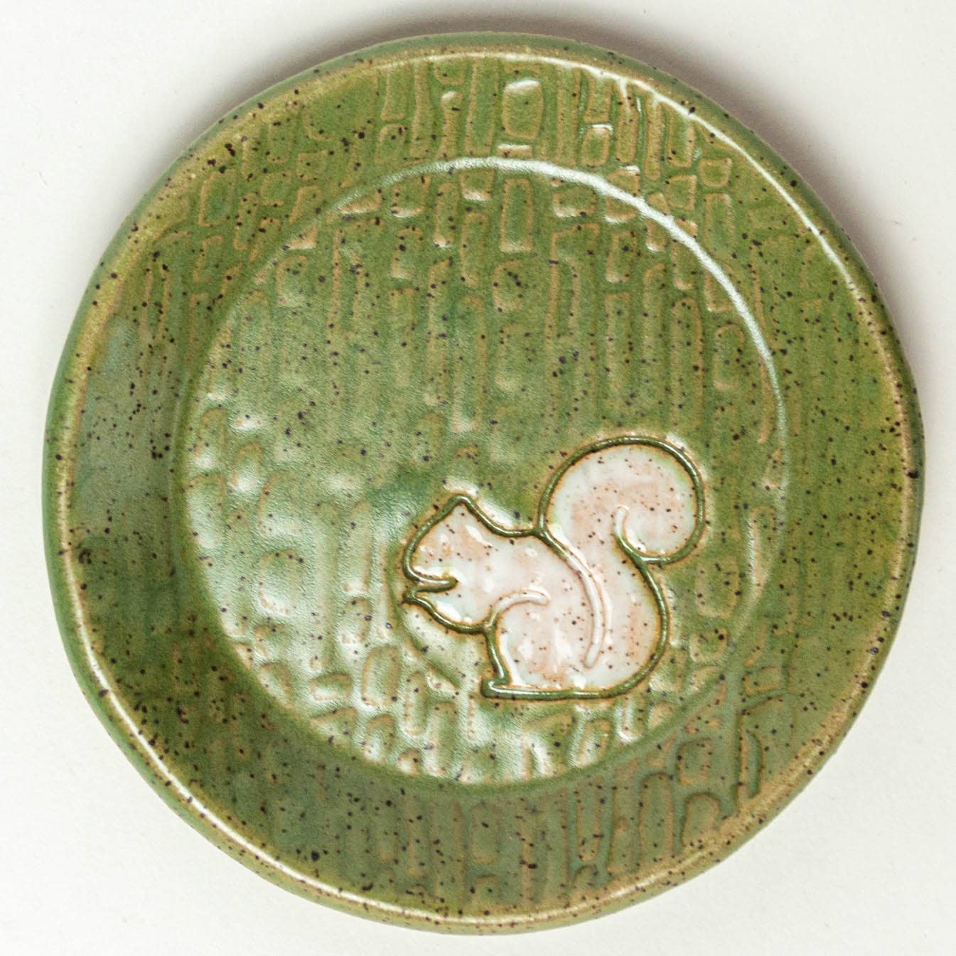 White Squirrel Ceramic Round Trinket Dish Handmade Green