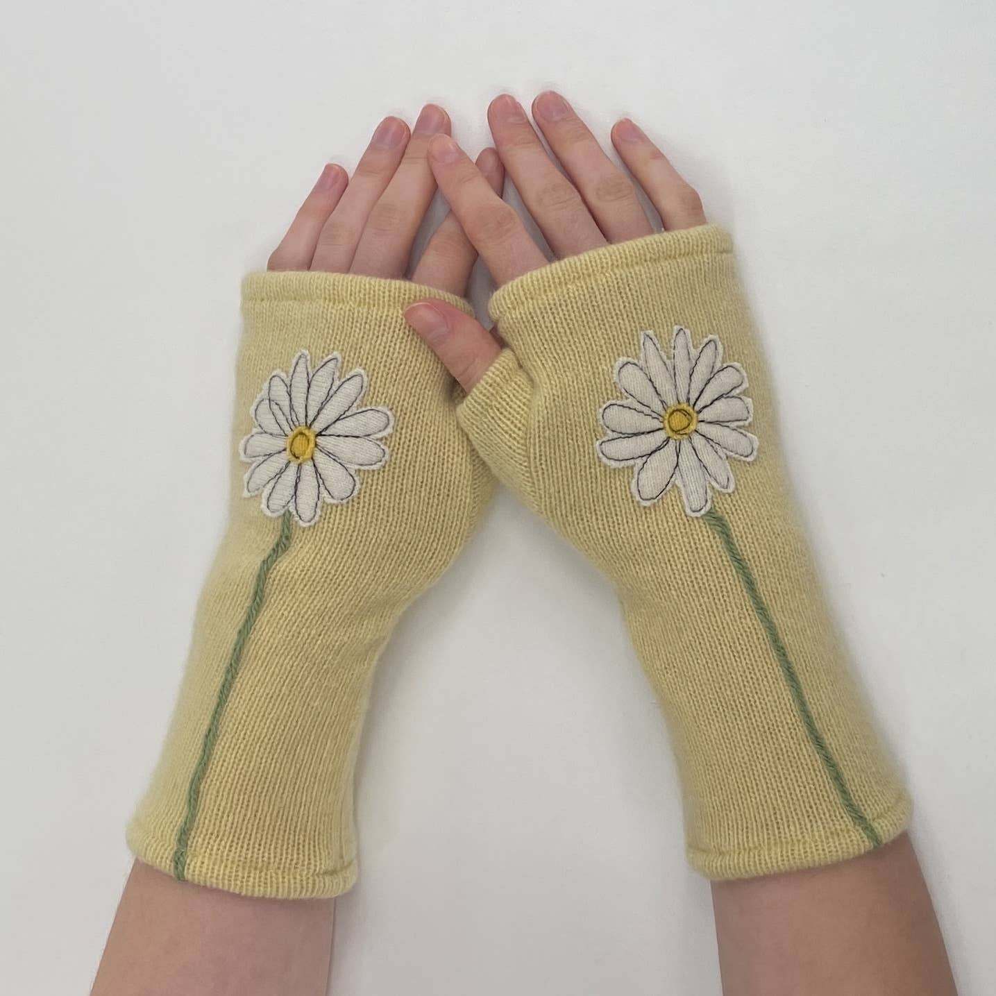 Fingerless Cashmere Gloves-Daisy: White on Yellow / One Size Fits Most