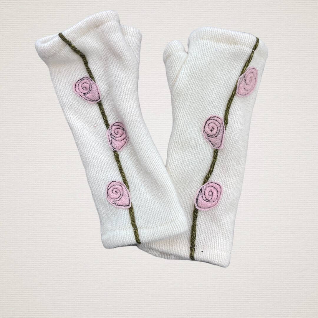 Fingerless Cashmere Gloves-Rosebud: Pink on Cream / One Size Fits Most