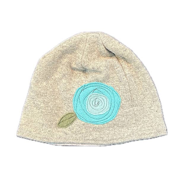 Wool Hat-Blooming Rose: Aqua on Beige / One Size Fits Most