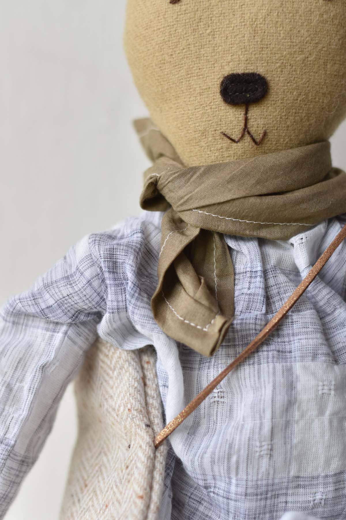 Agatha the Bear – Handmade Wool Doll in Grid Plaid Dress