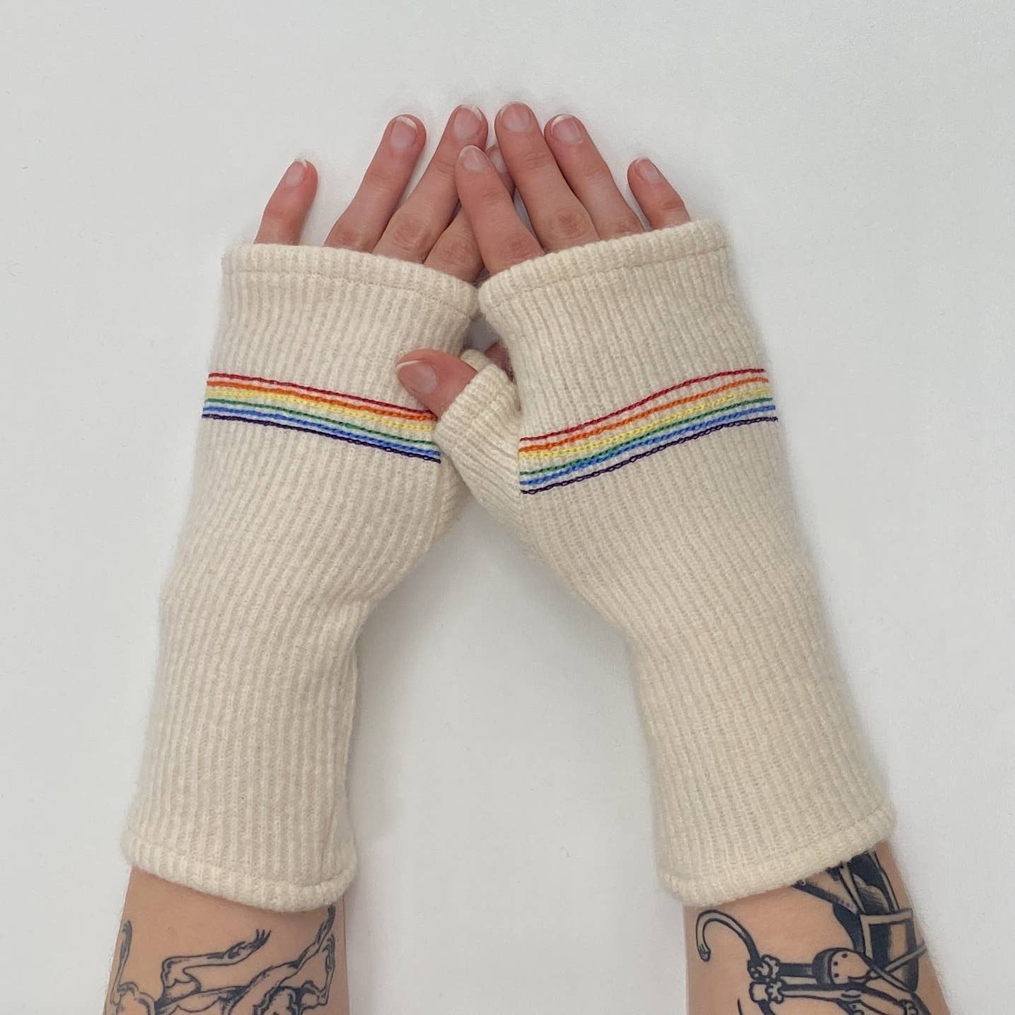 Fingerless Cashmere Gloves-Rainbows: Beige / One Size Fits Most