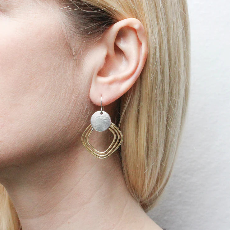 Large Disc with Hammered Square Rings Wire Earrings