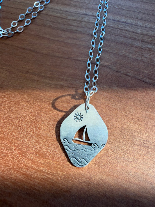 Sterling Silver Sailboat Stamped Necklace