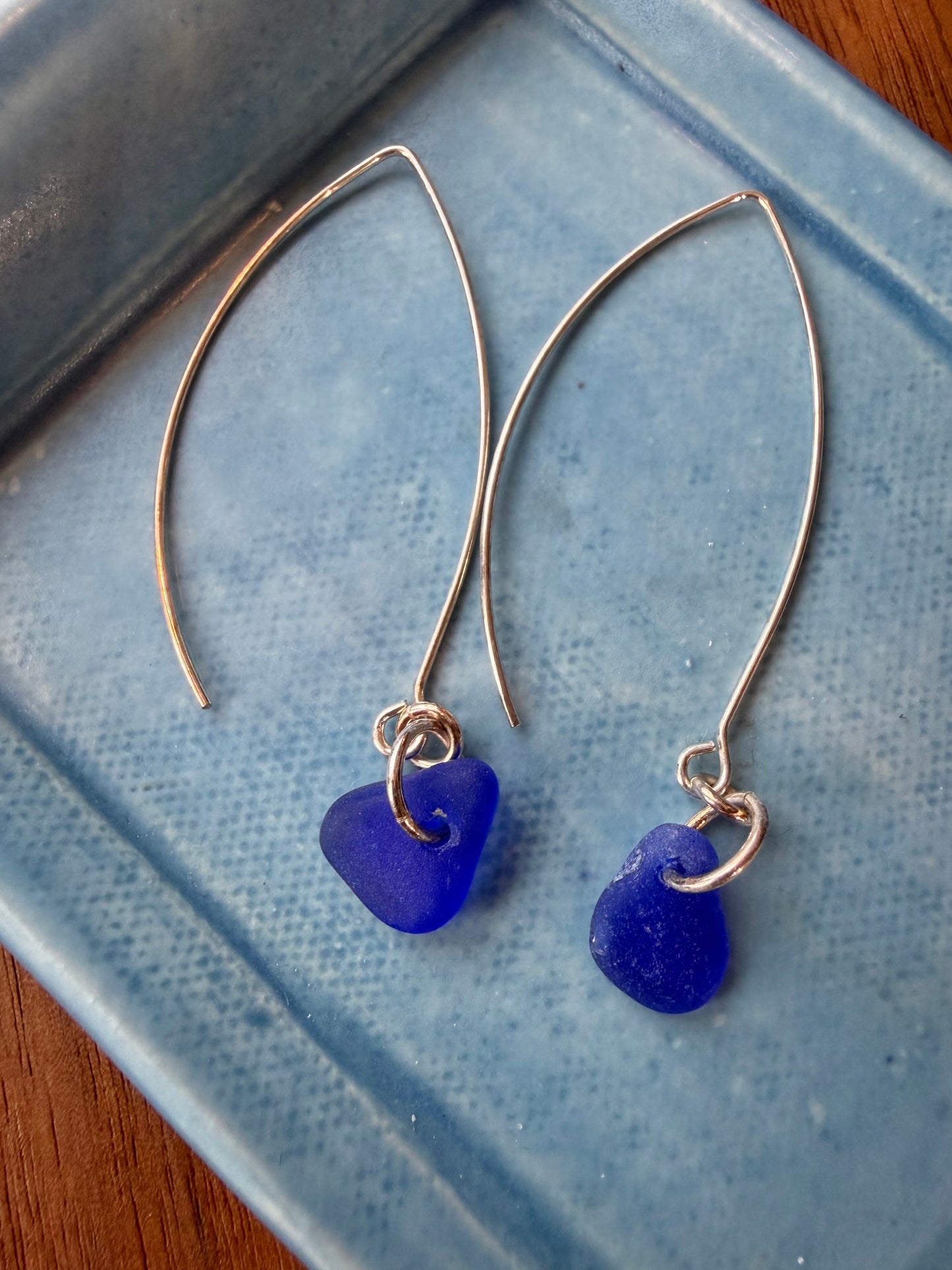 Long Blue Beach Glass Drop Earrings