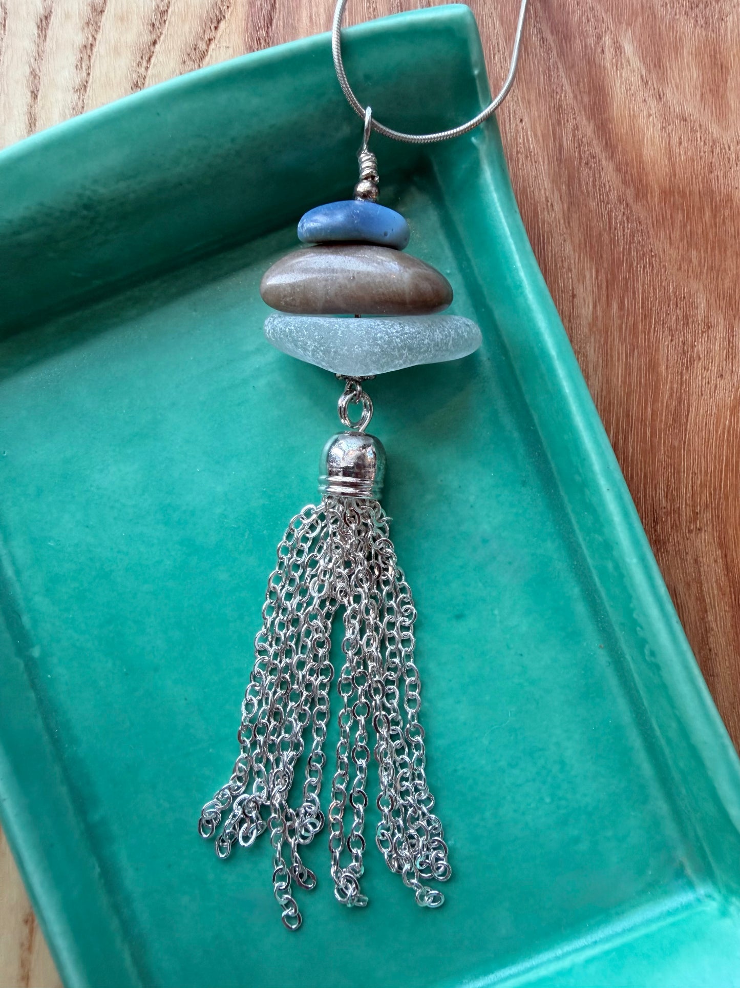Stacked Cairn Beach Stone Necklace Silver Tassel