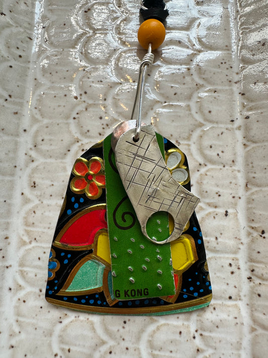 Vintage Tin Pendant Leather Cord Necklace (Adj.)