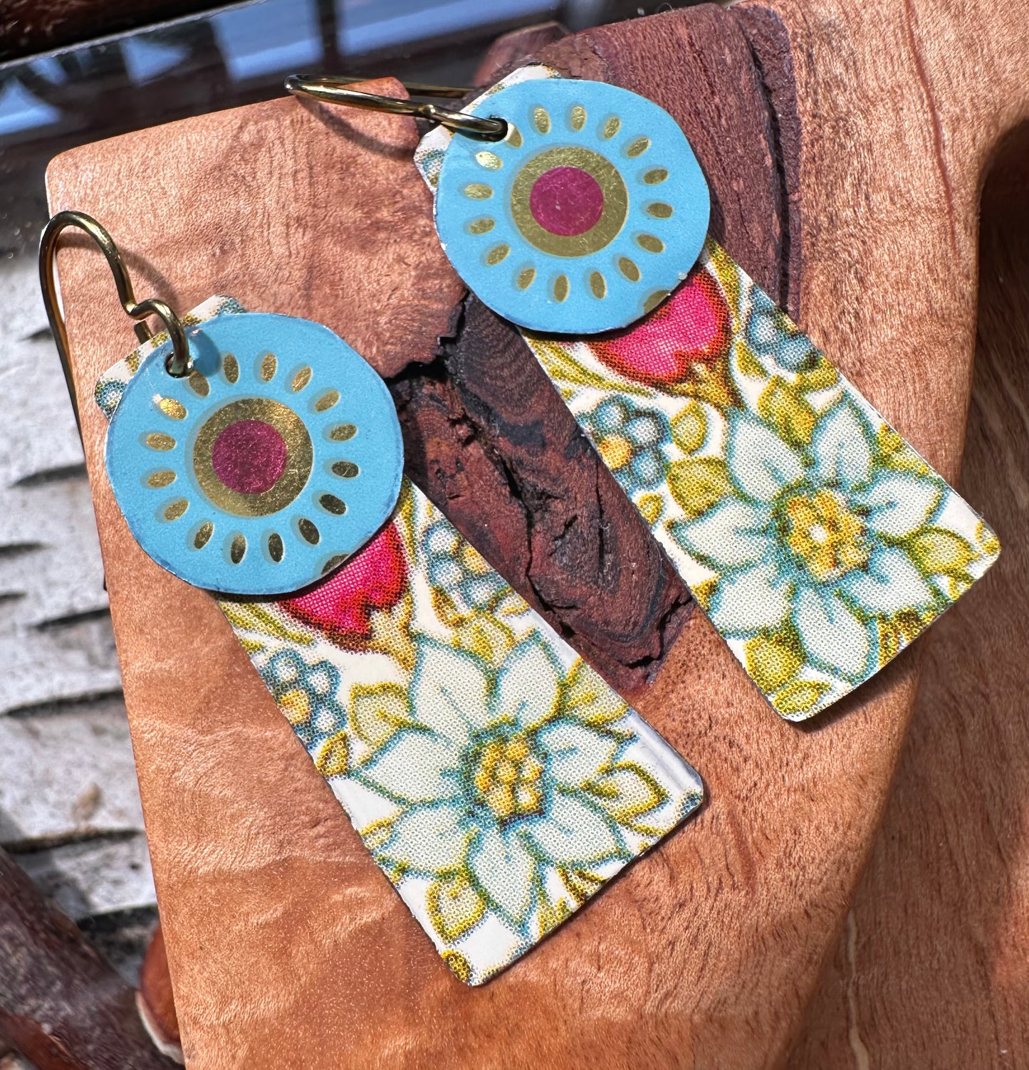Long Floral Vintage Tin Earrings - Hypoallergenic Niobium Ear Wires