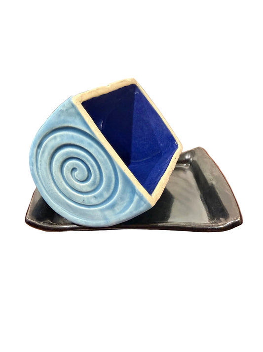 Half Butter Dish - Light Blue & Black