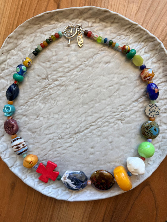 Long Colorful Necklace in Glass and Enamel