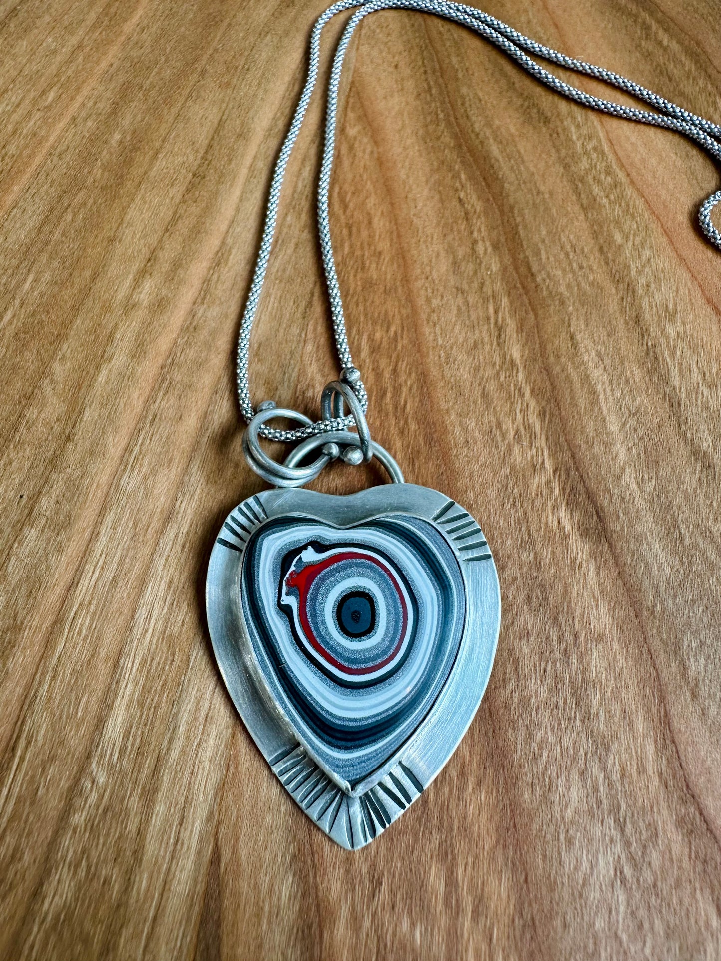 Fordite Heart Set in Sterling Silver Necklace - 18"