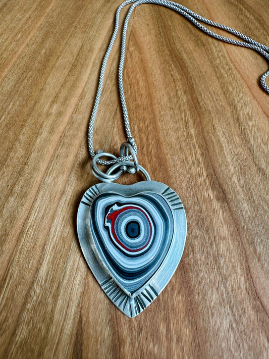 Fordite Heart Set in Sterling Silver Necklace - 18"