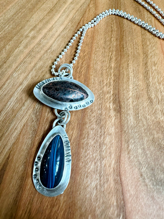 Leland Blue and Michigan Copper Firebrick Set in Sterling Silver Necklace - 18"