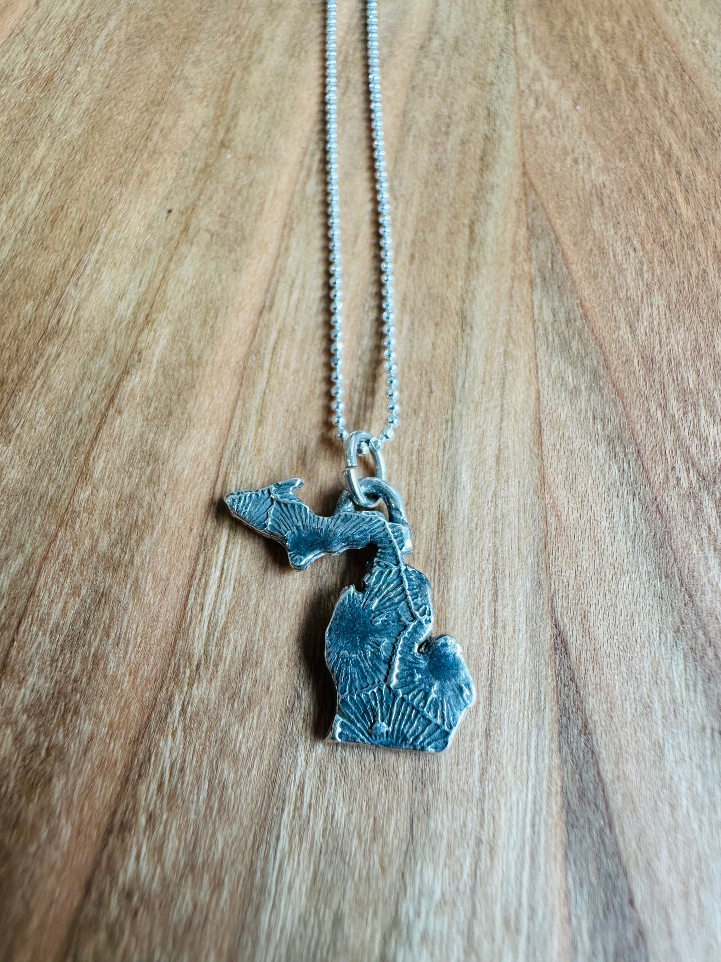 Michigan Shaped Petoskey Texture Sterling Silver Necklace 18" - Small