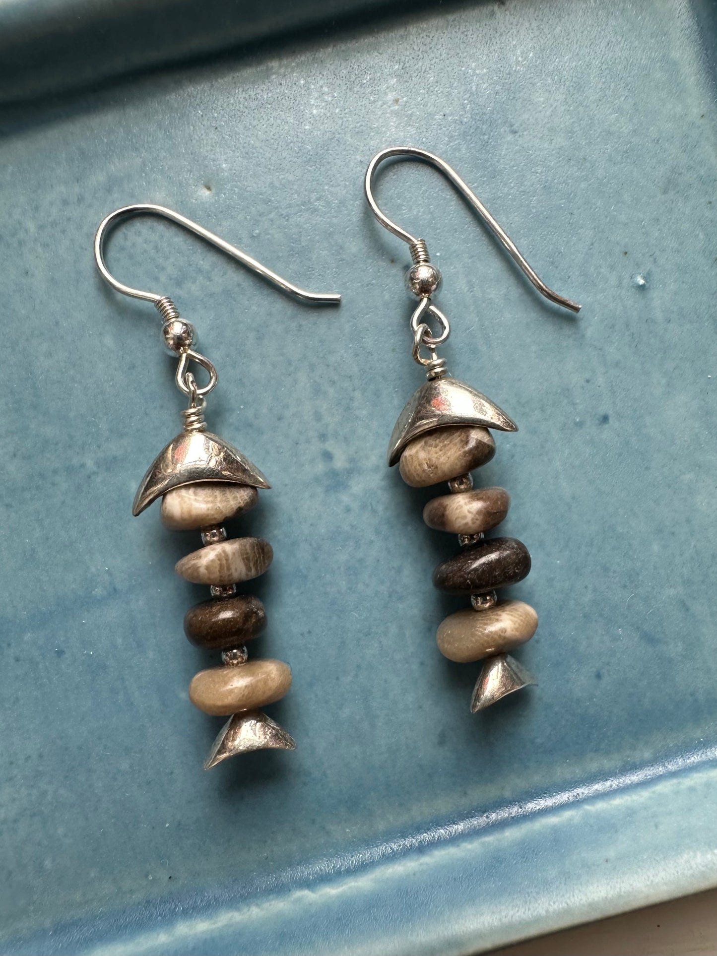 Sterling Petoskey Stone Fish Earrings
