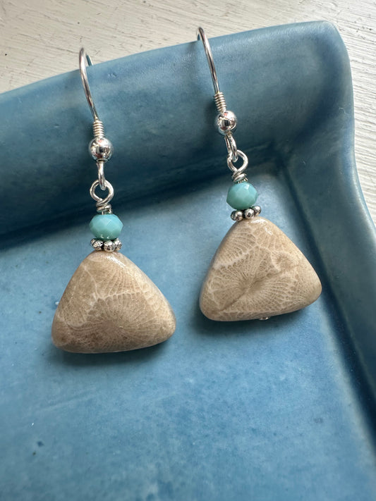 Beaded Petoskey Stone Triangle Drop Earrings