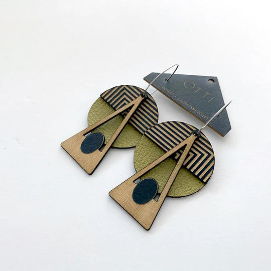 Architectural Leather + Birch earring: GEO DECO - Olive