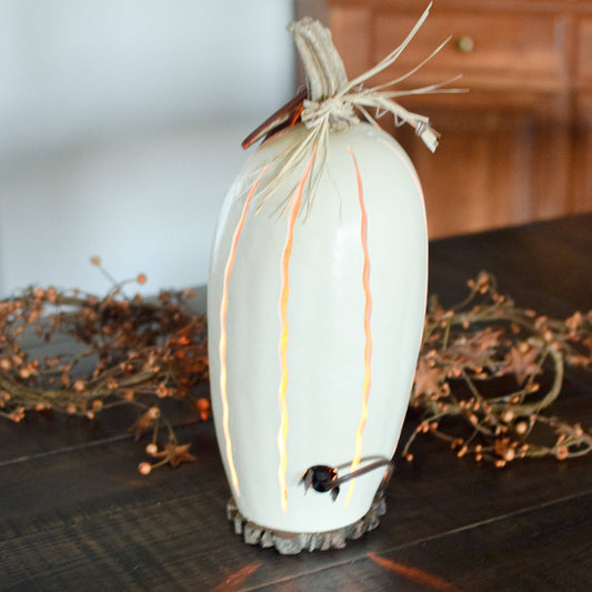 White Tall Pumpkin Gourd Luminary - Large Lit