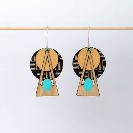 Architectural Lightweight Leather + Birch earring: Deco GEO